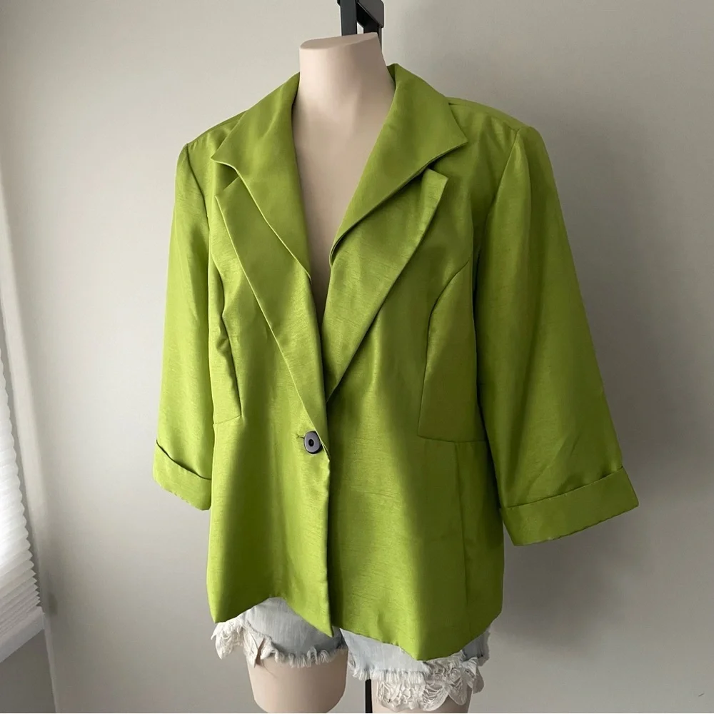 Vintage Dana Kay Lime Green Statement Blazer Jacket Chartreuse Plus Size 16 Y2K - Picture 7 of 9